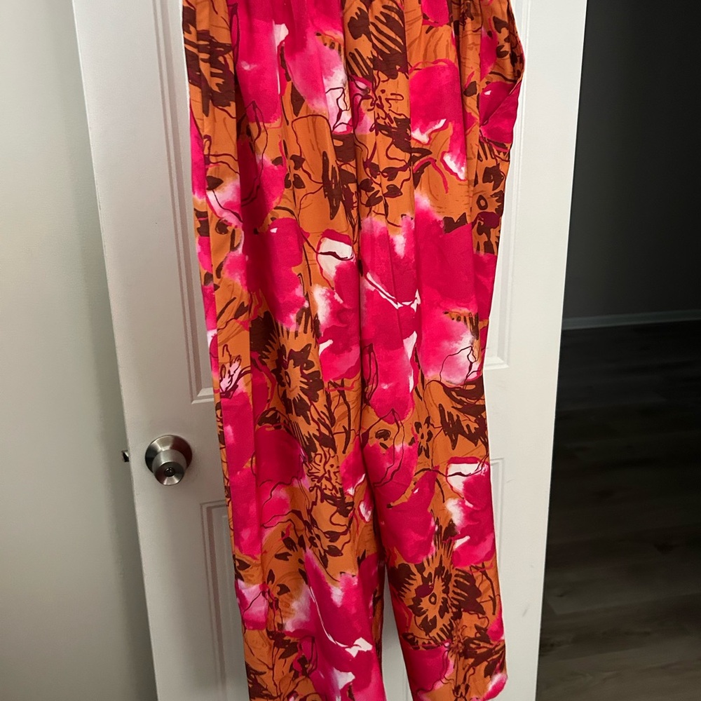 Floral Pink and Orange Women's Wide Leg Pants - Picture 2 of 4